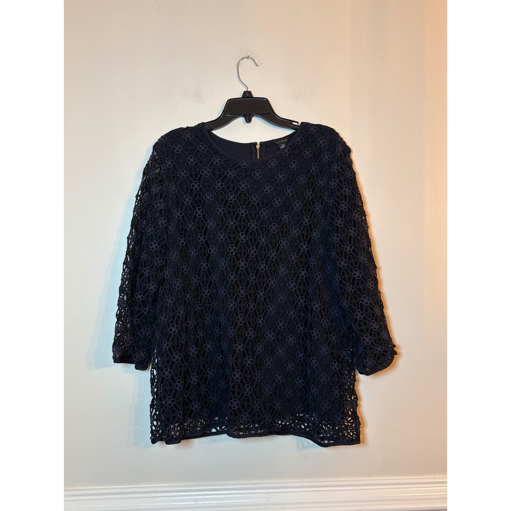 Ann Taylor Blouse Women XXL Navy Blue Floral Eyelet Lace 3/4 Sleeve Back Zip